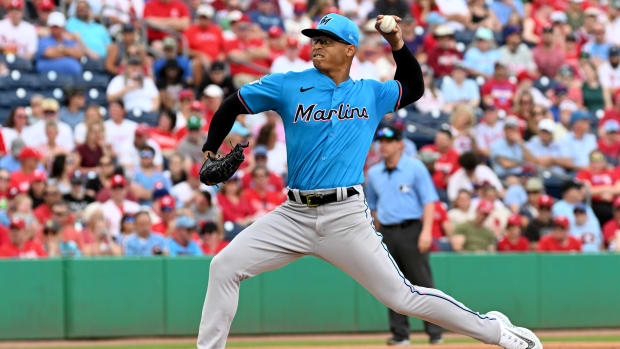 Mar 1, 2024; Clearwater, Florida, USA; Miami Marlins pitcher Jesus Luzardo (44) throws a pitch in the first inning of the spring training game against the Philadelphia Phillies at BayCare Ballpark.