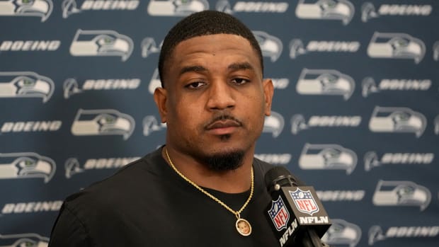 Seattle Seahawks safety Quandre Diggs (6) speaks in a press conference after the game against the Los Angeles Rams at SoFi Stadium.