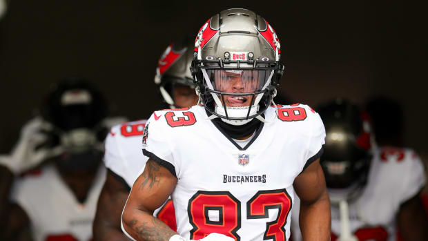Dec 3, 2023; Tampa, Florida, USA; Tampa Bay Buccaneers wide receiver Deven Thompkins (83) takes the field for warms ups before a game against the Carolina Panthers at Raymond James Stadium. Mandatory Credit: Nathan Ray Seebeck-USA TODAY Sports