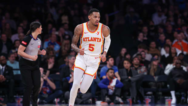Mar 5, 2024; New York, New York, USA; Atlanta Hawks guard Dejounte Murray (5) runs up court after a basket against the New York Knicks during the second half at Madison Square Garden. Mandatory Credit: Vincent Carchietta-USA TODAY Sports
