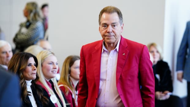 Jan 13, 2024; Tuscaloosa, AL, USA; University of Alabama former head coach Nick Saban attends a press conference to introduce the new head football coach Kalen DeBoer (not pictured) in the North end zone at Bryant-Denny Stadium.