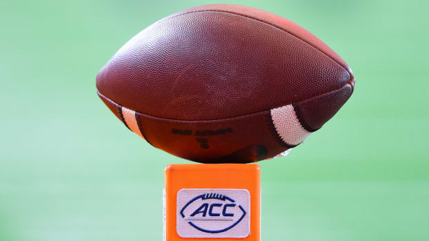 Oct 10, 2020; Syracuse, New York, USA; General view of a football on top of an end zone marker with the Atlantic Coast Conference logo displayed prior to the game against the Duke Blue Devils and the Syracuse Orange at the Carrier Dome. Mandatory Credit: Rich Barnes-USA TODAY Sports