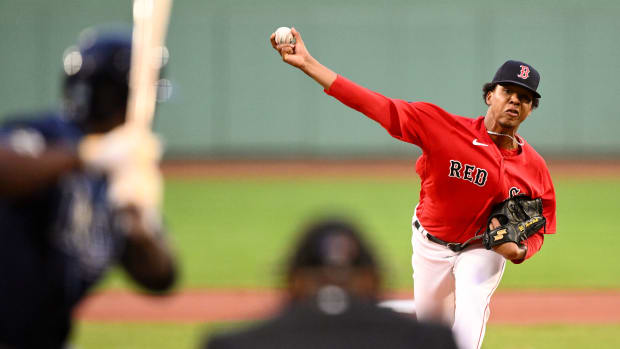 Sep 27, 2023; Boston, Massachusetts, USA; Boston Red Sox starting pitcher Brayan Bello (66) pitches against the Tampa Bay Rays during the first inning at Fenway Park.