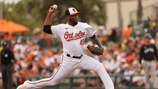 Mar 2, 2024; Sarasota, Florida, USA; Baltimore Orioles pitcher Julio Teheran (49) throws a pitch during the fourth inning against the New York Yankees at Ed Smith Stadium. Mandatory Credit: Kim Klement Neitzel-USA TODAY Sports