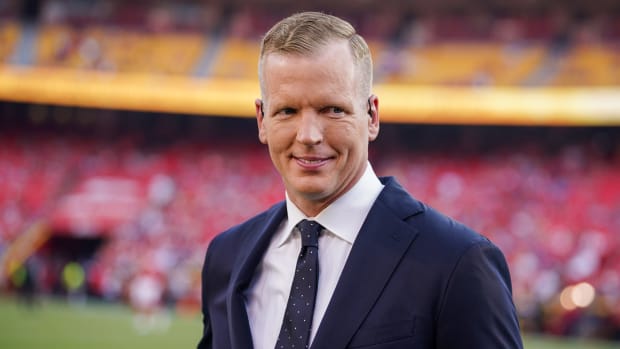 Sep 7, 2023; Kansas City, Missouri, USA; NBC Sports analyst Chris Simms on field prior to a game between the Kansas City Chiefs and Detroit Lions at GEHA Field at Arrowhead Stadium.