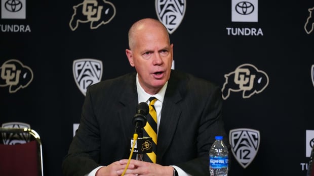 Boulder, Colorado, USA; Colorado Buffaloes head coach Tad Boyle speaks to the media following the game against the Stanford Cardinal at the CU Events Center
