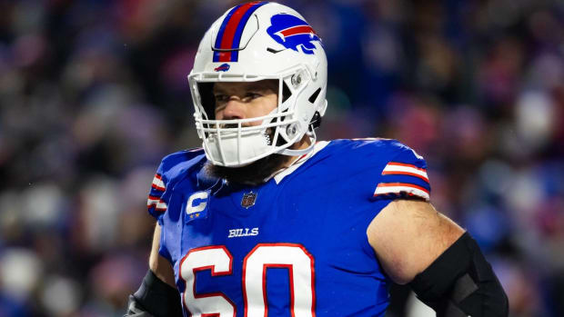 Bills center Mitch Morse looks on during a playoff game.