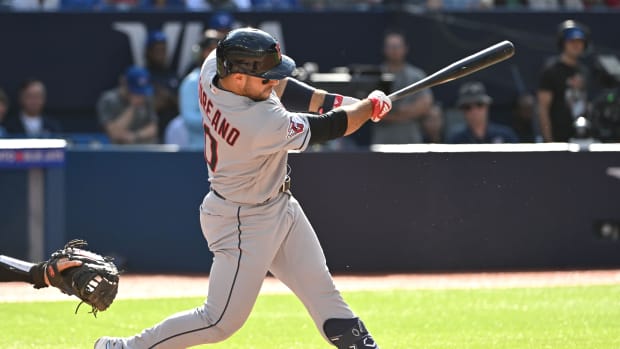 Aug 27, 2023; Toronto, Ontario, CAN; Cleveland Indians right fielder Ramon Laureano (10) hits a two-run home run against the Toronto Blue Jays in the 11th inning at Rogers Centre.