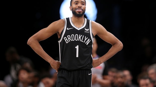 Caption: Mar 4, 2024; Brooklyn, New York, USA; Brooklyn Nets forward Mikal Bridges (1) reacts during the fourth quarter against the Memphis Grizzlies at Barclays Center. Mandatory Credit: Brad Penner-USA TODAY Sports