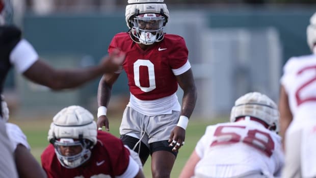 Alabama linebacker Deontae Lawson (0) at practice on March 6.