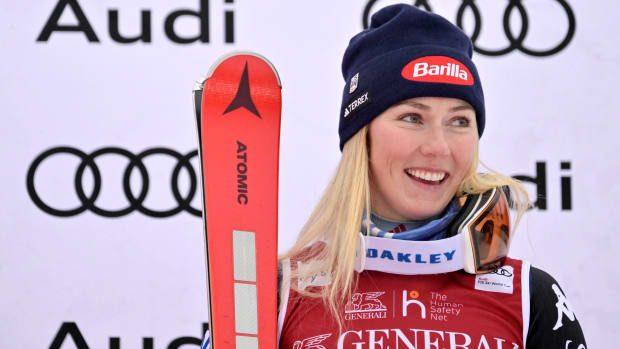 Mikaela Shiffrin celebrates her second place finish in the giant slalom race in the women’s alpine skiing World Cup at Mont Tremblant.