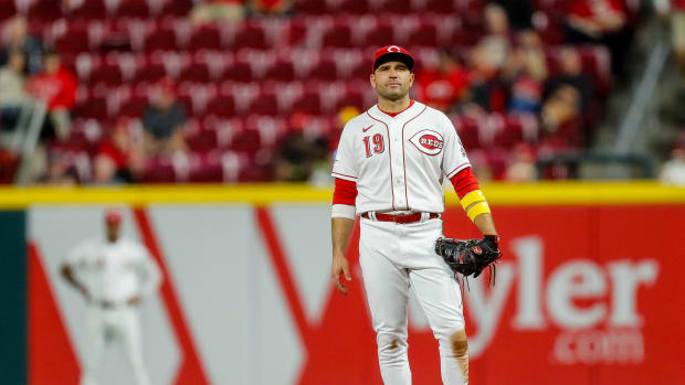 Sep 18, 2023; Cincinnati, Ohio, USA; Cincinnati Reds first baseman Joey Votto (19) prepares for the pitch during the seventh inning against the Minnesota Twins at Great American Ball Park.