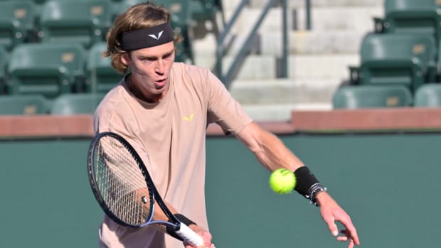 Andrey Rublev hits on the practice courts of the BNP Paribas Open at the Indian Wells Tennis Garden.