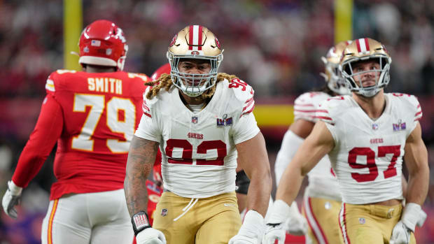 Feb 11, 2024; Paradise, Nevada, USA; San Francisco 49ers defensive end Chase Young (92) reacts after a play against the Kansas City Chiefs during the first quarter of Super Bowl LVIII at Allegiant Stadium. Mandatory Credit: Kirby Lee-USA TODAY Sports  
