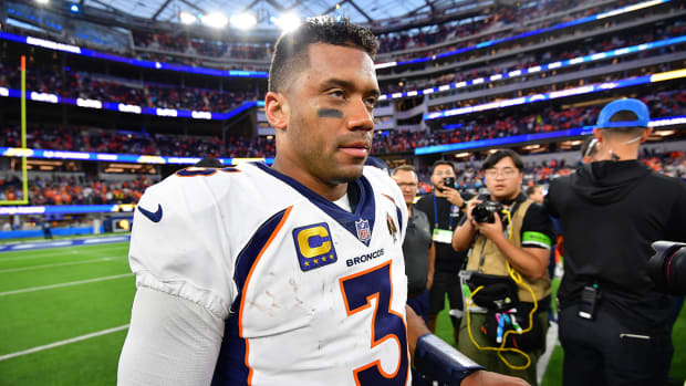 Denver Broncos quarterback Russell Wilson (3) reacts following the victory against the Los Angeles Chargers at SoFi Stadium.