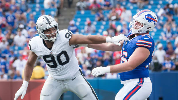 Sep 17, 2023; Orchard Park, New York, USA; Las Vegas Raiders defensive tackle Jerry Tillery (90) against Buffalo Bills guard David Edwards (76) in the fourth quarter at Highmark Stadium.