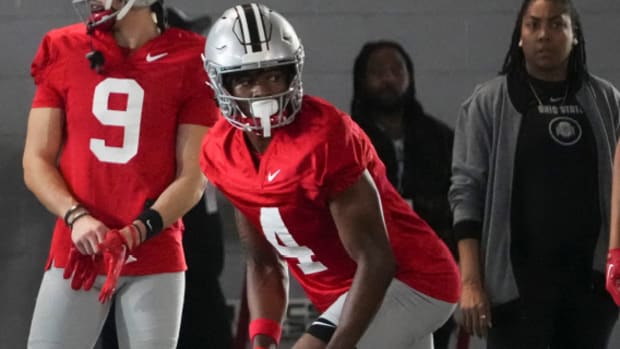 Ohio State Buckeyes wide receiver Jeremiah Smith takes part in spring football practice.