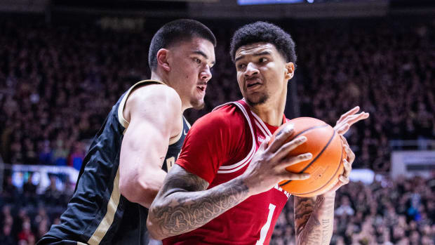 Indiana Hoosiers center Kel'el Ware (1) moves to shoot the ball while Purdue Boilermakers center Zach Edey (15) defends in the first half at Mackey Arena.