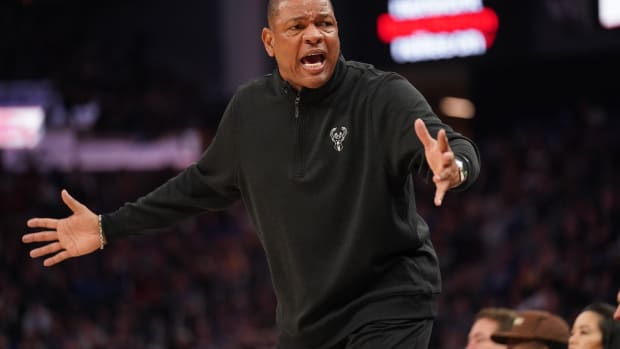 Milwaukee Bucks head coach Doc Rivers reacts to a call during action against the Golden State Warriors 