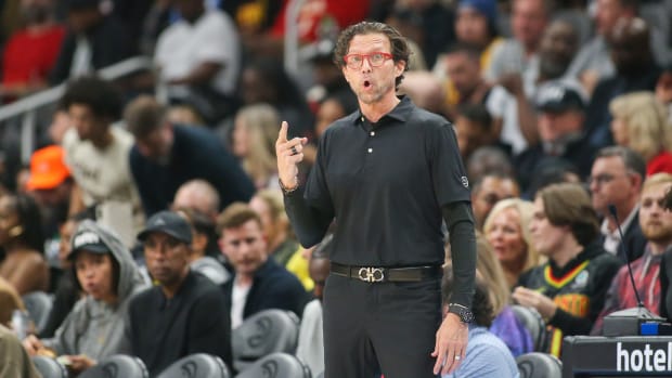 Mar 6, 2024; Atlanta, Georgia, USA; Atlanta Hawks head coach Quin Snyder on the sideline against the Cleveland Cavaliers in the second quarter at State Farm Arena. Mandatory Credit: Brett Davis-USA TODAY Sports