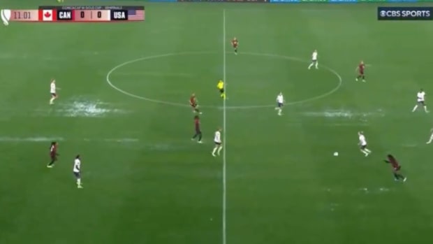 The USWNT vs. Canada match shows piled up rain on the field.