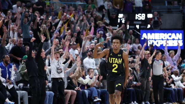 Mar 6, 2024; Salt Lake City, Utah, USA; Utah Jazz guard Collin Sexton (2) reacts to a three point late in the fourth quarter against the Chicago Bulls at Delta Center.