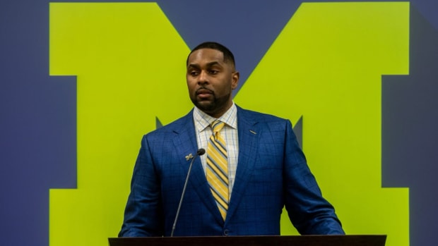 Michigan’s Sherrone Moore during his introductory press conference as head coach.