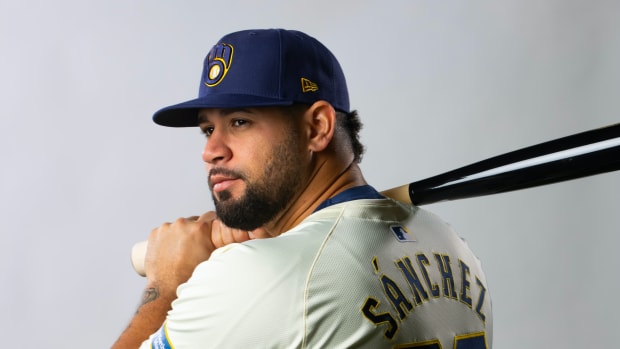 Feb 22, 2024; Phoenix, AZ, USA; Milwaukee Brewers catcher Gary Sanchez poses for a portrait during Media Day at Maryvale Baseball Park.