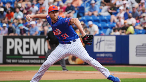 Mar 3, 2024; Port St. Lucie, Florida, USA; New York Mets relief pitcher Michael Tonkin (51) pitches in the fourth inning at Clover Park.