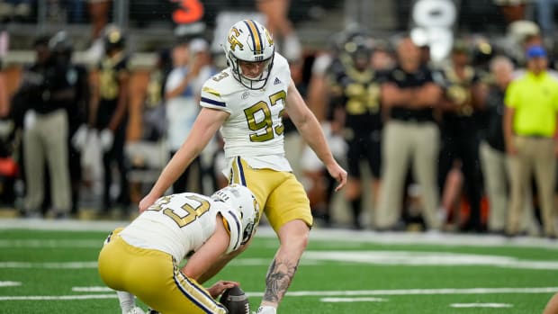 Sep 23, 2023; Winston-Salem, North Carolina, USA; Georgia Tech Yellow Jackets place kicker Aidan Birr (93) adds an extra point against the Wake Forest Demon Deacons during the first half at Allegacy Federal Credit Union Stadium. Mandatory Credit: Jim Dedmon-USA TODAY Sports