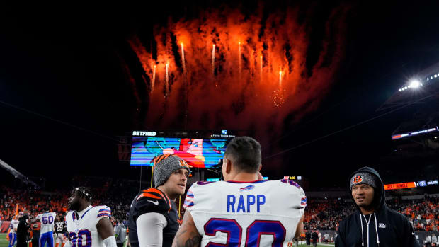 Cincinnati Bengals punter Brad Robbins (10) and Buffalo Bills safety Taylor Rapp (20) chat after the fourth quarter of the NFL Week 9 game between the Cincinnati Bengals and the Buffalo Bills at Paycor Stadium in Cincinnati on Sunday, Nov. 5, 2023.