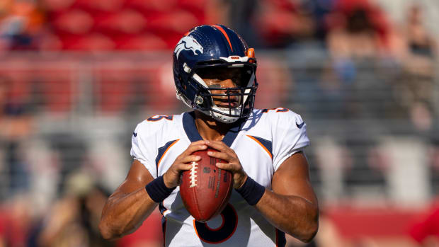 August 19, 2023; Santa Clara, California, USA; Denver Broncos quarterback Russell Wilson (3) warms up before the game against the San Francisco 49ers at Levi's Stadium. Mandatory Credit: Kyle Terada-USA TODAY Sports