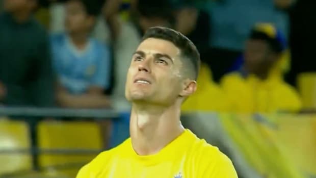 Cristiano Ronaldo pictured looking sad during Al Nassr's 3-1 home defeat by Al-Raed in March 2024