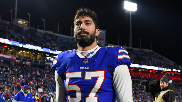 Jan 9, 2022; Orchard Park, New York, USA; Buffalo Bills defensive end A.J. Epenesa (57) following the game against the New York Jets at Highmark Stadium. Mandatory Credit: Rich Barnes-USA TODAY Sports  