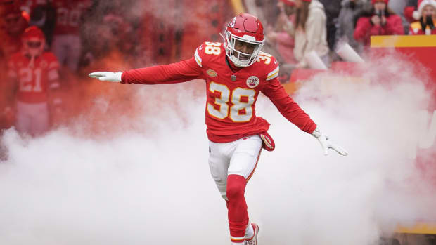 Dec 25, 2023; Kansas City, Missouri, USA; Kansas City Chiefs cornerback L'Jarius Sneed (38) is introduced against the Las Vegas Raiders prior to a game at GEHA Field at Arrowhead Stadium. Mandatory Credit: Denny Medley-USA TODAY Sports  