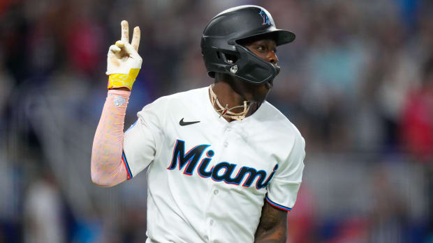 Sep 17, 2023; Miami, Florida, USA; Miami Marlins center fielder Jazz Chisholm Jr. (2) celebrates after hitting a grand slam against the Atlanta Braves during the third inning at loanDepot Park. Mandatory Credit: Rich Storry-USA TODAY Sports  