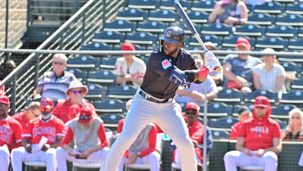 Feb 29, 2024; Tempe, Arizona, USA; Cleveland Guardians right fielder Estevan Florial (90) at bat in the first inning against the Los Angeles Angels during a spring training game at Tempe Diablo Stadium.