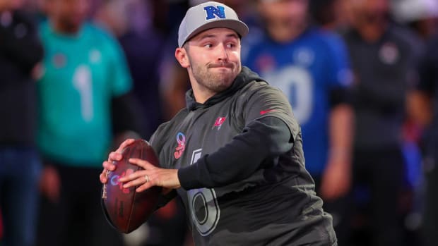 Quarterback Baker Mayfield throws a pass during the Pro Bowl games.