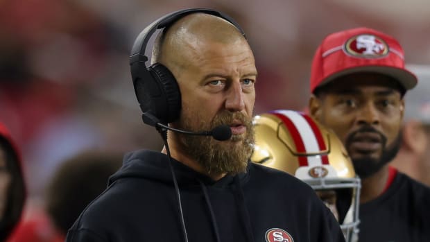 Aug 25, 2023; Santa Clara, California, USA; San Francisco 49ers tight end coach Brian Fleury during the game against the Los Angeles Chargers at Levi's Stadium. Mandatory Credit: Sergio Estrada-USA TODAY Sports  