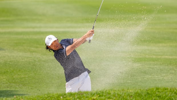 Wild Card player, Anthony Kim hits his shot from a bunker on the tenth hole during the first round of LIV Golf Hong Kong at the Hong Kong Golf Club Fanling on Friday, March 08, 2024 in Fanling, Hong Kong.