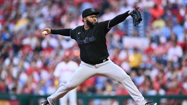 Sep 9, 2023; Philadelphia, Pennsylvania, USA; Miami Marlins starting pitcher Johnny Cueto (47) throws a pitch against the Philadelphia Phillies in the first inning at Citizens Bank Park. Mandatory Credit: Kyle Ross-USA TODAY Sports