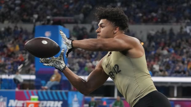 Mar 2, 2024; Indianapolis, IN, USA; Louisville running back Isaac Guerendo (RB12) during the 2024 NFL Combine at Lucas Oil Stadium. Mandatory Credit: Kirby Lee-USA TODAY Sports  