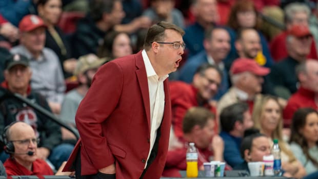Mar 7, 2024; Stanford, California, USA; Stanford Cardinal head coach Jerod Haase calls out to his players during the second half against the California Golden Bears at Maples Pavillion. Mandatory Credit: Neville E. Guard-USA TODAY Sports