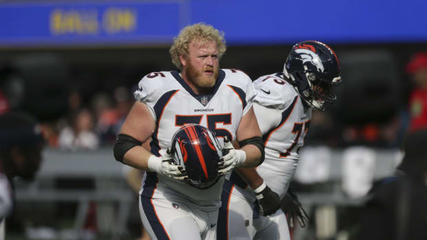 Denver Broncos tackle Quinn Bailey (75) during pregame in a game against the Los Angeles Rams at SoFi Stadium.