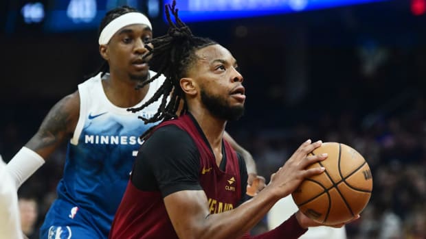 Cleveland Cavaliers guard Darius Garland (10) drives to the basket against against the Minnesota Timberwolves during the first half at Rocket Mortgage FieldHouse in Cleveland on March 8, 2024.