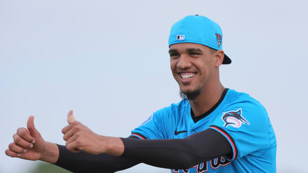 Feb 17, 2024; Jupiter, FL, USA; Miami Marlins starting pitcher Eury Perez (39) reacts during a spring training workout at the Marlins Player Development & Scouting Complex.