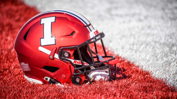 Indiana University's throwback helmet sits iin an endzone before the start of the Indiana versus Cincinnati football game at Memorial Stadium on Saturday, September 18, 2021. IU football helmet