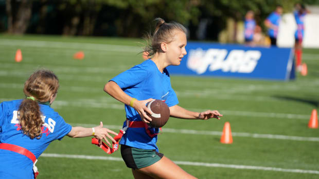 Oct 6, 2023; Watford, United Kingdom; Girls participate in a NFL Flag football event at The Grove Hotel. Mandatory Credit: Kirby Lee-USA TODAY Sports