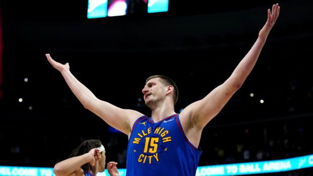 Denver Nuggets center Nikola Jokic (15) reacts to a foul in the second half against the Phoenix Suns at Ball Arena in Denver, Colorado, on March 5, 2024.