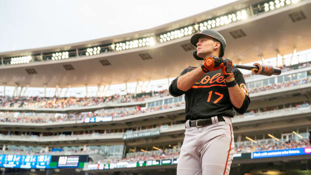 Jul 7, 2023; Minneapolis, Minnesota, USA; Baltimore Orioles center fielder Colton Cowser (17) warms up in the fourth inning against the Minnesota Twins at Target Field. Mandatory Credit: Matt Blewett-USA TODAY Sports